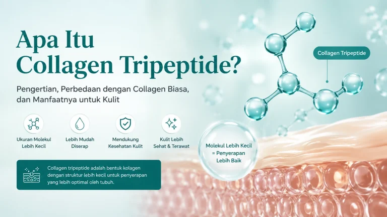 Ilustrasi collagen tripeptide dengan molekul kolagen berukuran kecil untuk membantu penyerapan dan kesehatan kulit