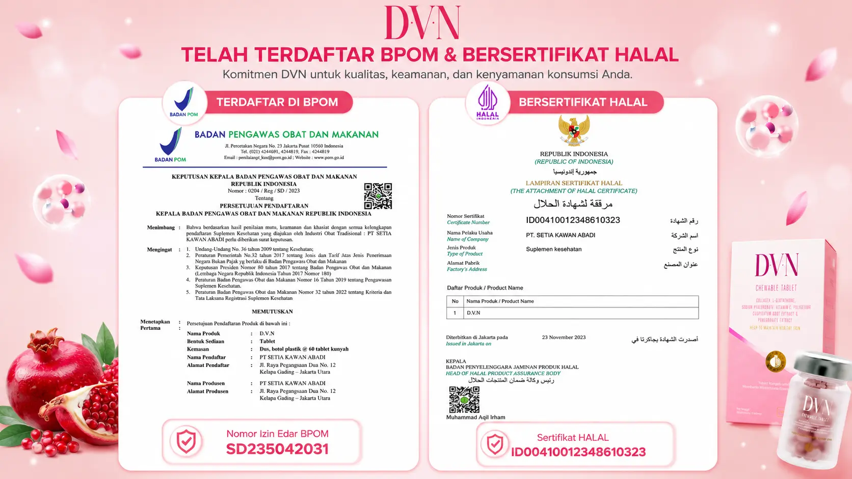Dokumen BPOM dan sertifikat halal DVN Collagen chewable tablet