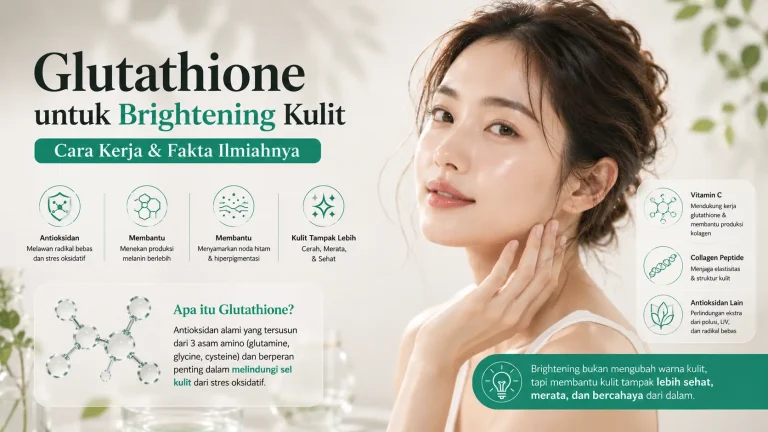 ilustrasi konsep brightening kulit dengan glutathione dan suplemen kolagen untuk skin health modern