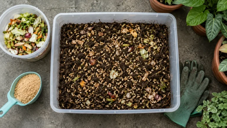 Bak plastik berisi maggot BSF yang mengurai sisa sayur pada budidaya maggot BSF skala rumah tangga