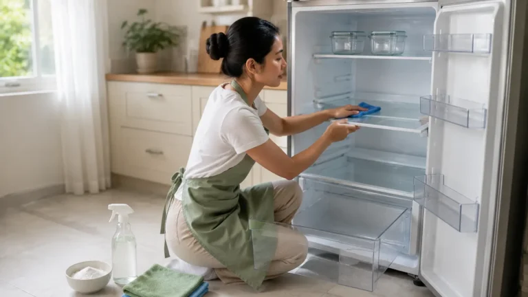 Cara membersihkan kulkas supaya tidak bau dengan larutan soda kue dan lap microfiber