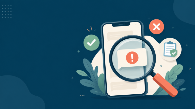 Ilustrasi cara memverifikasi informasi viral menggunakan smartphone dan kaca pembesar dengan ikon centang dan silang