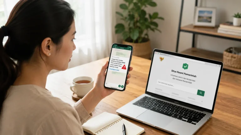Perempuan sedang mempraktikkan cara mengecek informasi kesehatan viral lewat ponsel dan laptop