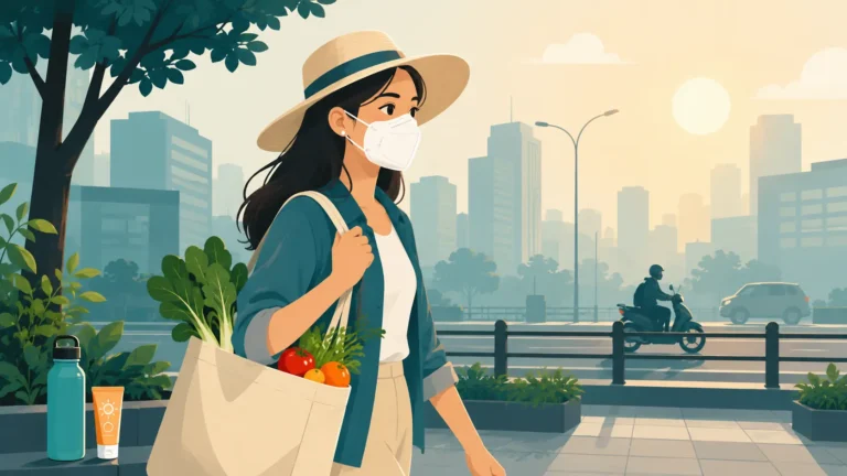 Ilustrasi cara mengurangi paparan radikal bebas dengan masker, tabir surya, dan belanjaan sayur buah segar