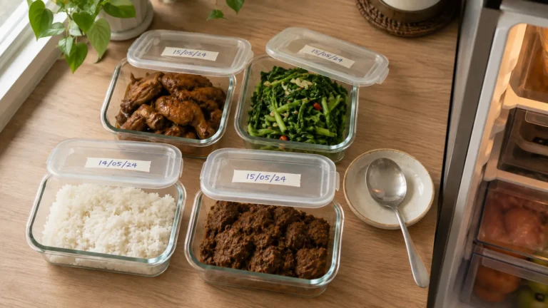 Wadah berlabel tanggal berisi sisa makanan sebagai cara menyimpan sisa makanan agar tidak cepat basi
