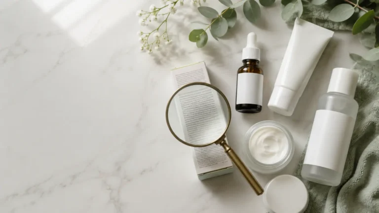 Kaca pembesar di atas komposisi produk untuk membaca istilah skincare di label