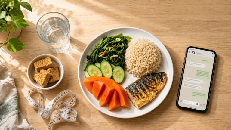 Ilustrasi mitos diet berupa piring makan bergizi seimbang di samping ponsel berisi pesan berantai klaim diet