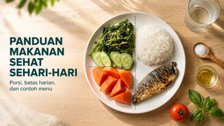 Panduan makanan sehat sehari-hari dengan porsi Isi Piringku berisi nasi, ikan, sayur, dan buah