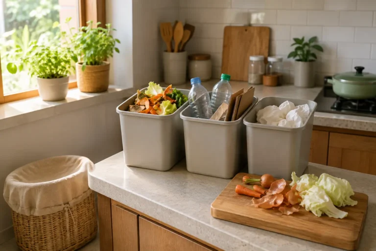 3 wadah pilah untuk pengelolaan sampah dapur di meja dapur rumah tangga
