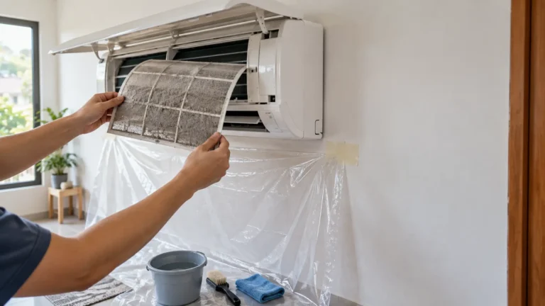 Melepas filter AC split dari unit indoor sebagai cara membersihkan AC rumah tanpa panggil teknisi