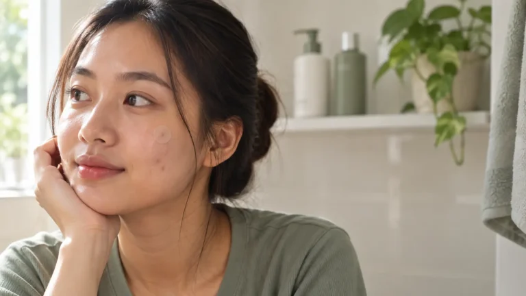 Hydrocolloid patch dipasang di pipi sebagai cara mempercepat penyembuhan jerawat