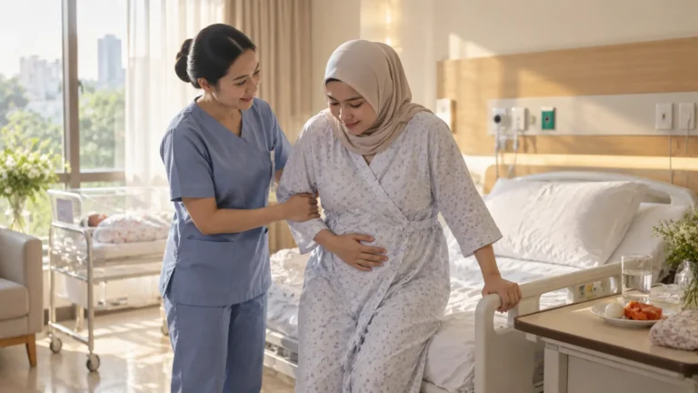 Ibu pasca operasi caesar dibantu perawat berdiri dari tempat tidur sebagai cara mempercepat penyembuhan luka
