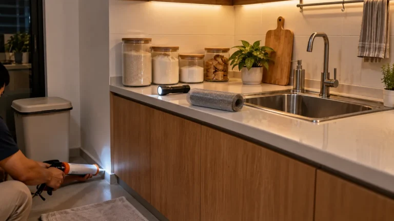 Dapur bersih dengan wastafel kering dan celah kabinet yang ditutup sealant sebagai cara mengusir kecoa tanpa bahan kimia